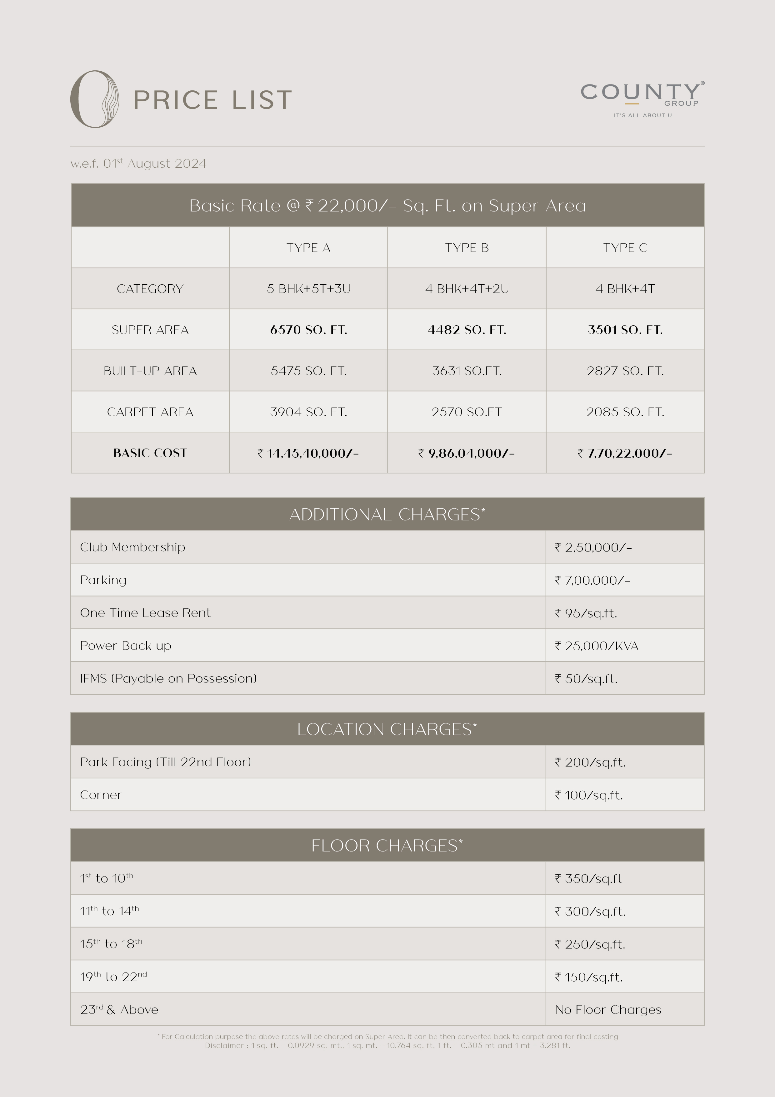 County 107 Price List